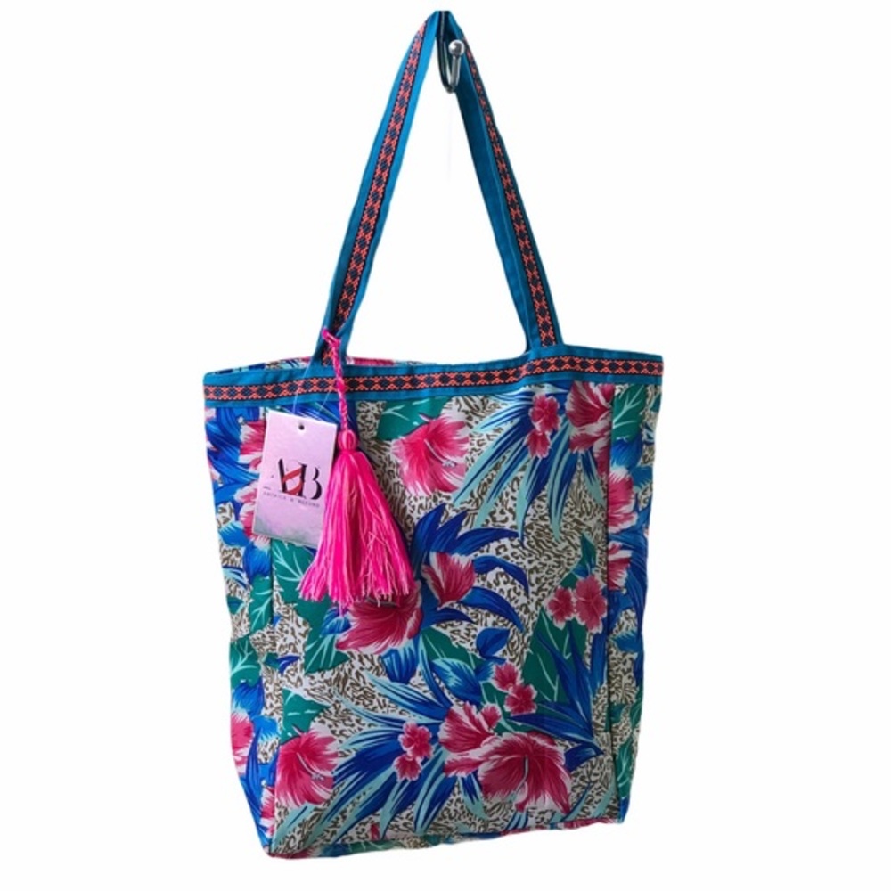 America & Beyond NWT Blue & Pink Leopard Tassle Tote Bag - (additional patterns)